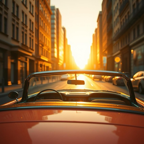 A convertible driving down a city street into a golden sunset — cover art for Golden Hour Rewrite