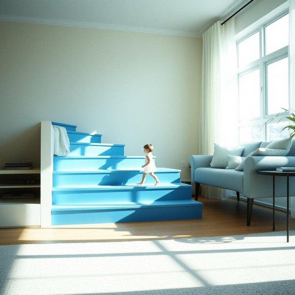 A toddler taking first steps on blue stairs in a sunlit living room — cover art for Little Blue Steps