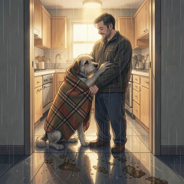 A man wrapping a rescued dog in a tartan blanket in a warm kitchen — cover art for Muddy Paws