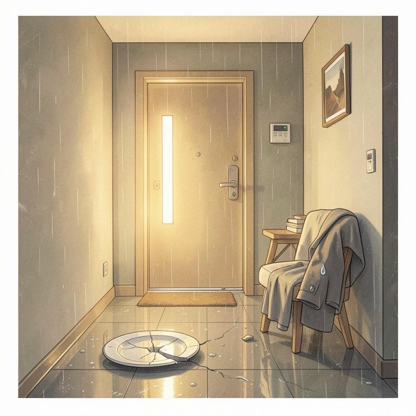 A dim hallway with a cracked plate on the floor and a coat over a chair — cover art for Unbreakable Rooms